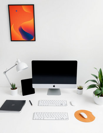 Modern workspace with computer, supplies and other objects. Mock up.