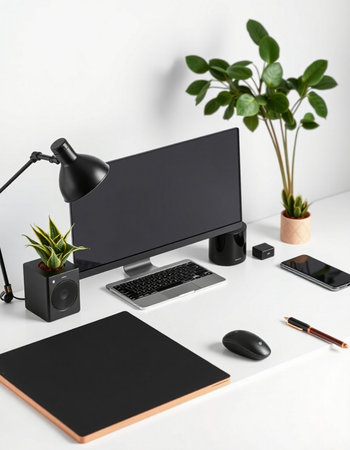 Modern workspace with computer, laptop, stationery and plant on white background
