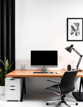 Interior of modern office with white walls, white floor, wooden desk with computer monitor and black...