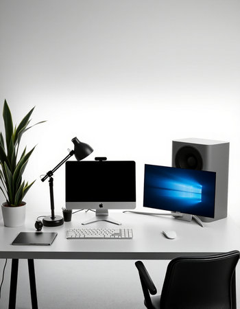 3D Rendering of modern workspace with computer, keyboard, mouse and microphone