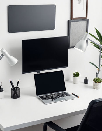 Modern workspace with blank screen computer monitor, stationery and decorations. Mock up, 3D Renderingの写真素材