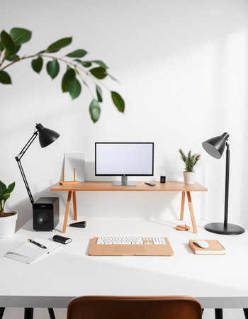 Modern workplace with computer, stationery and plants on table. Workplace concept