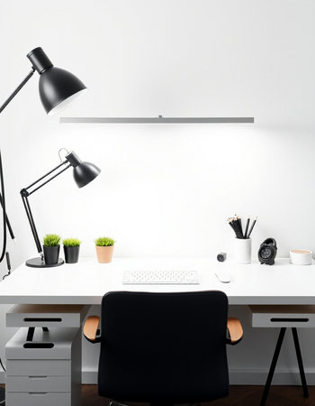 Office workplace with laptop, coffee cup and lamp. 3d render