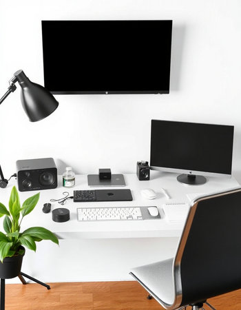 Modern workplace with computer on white wall background. 3D rendering.の写真素材