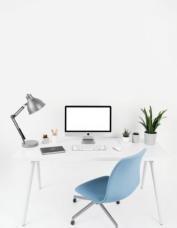 workplace with computer, lamp and plant on white background. 3d rendering