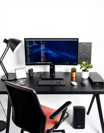 Modern workspace with computer, keyboard, mouse, mobile phone and coffee cup on white background