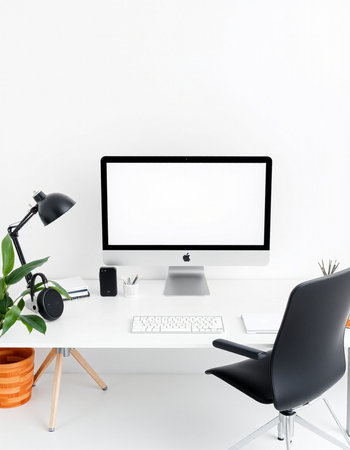 workplace with computer, keyboard, mouse, lamp and plant on white background