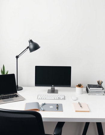 Front view of modern workplace with blank computer screen, stationery and other items. Mock up