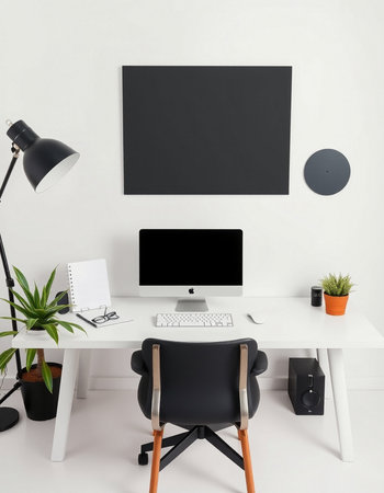 Interior of modern office with white walls, concrete floor, black computer and black mock up poster....