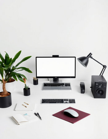 Modern workspace with computer, stationery and plants on white background.