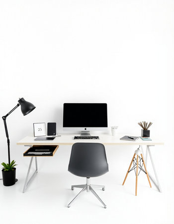 Modern workspace with computer on the desk. 3d render illustration.の写真素材
