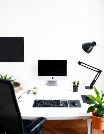 Workplace with computer, keyboard, mouse, lamp and plant in office