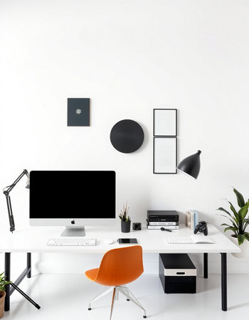 Modern office interior with white walls, white floor, orange armchair, computer monitor, coffee...