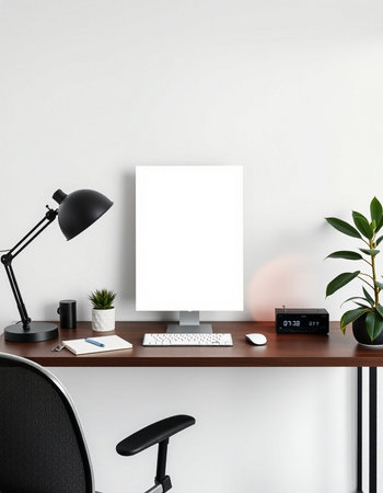 Front view of modern workspace with blank white poster on the wall. Mock up, 3D Rendering