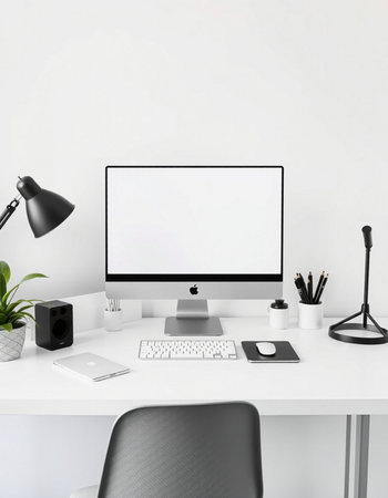 Workplace with computer, lamp, stationery and decorations. 3d rendering