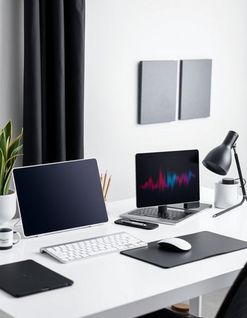 workplace with laptop, coffee cup and other items at home office