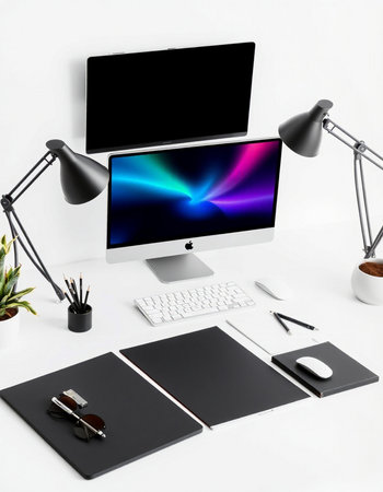 Modern workspace with computer, supplies, stationery and accessories on white background