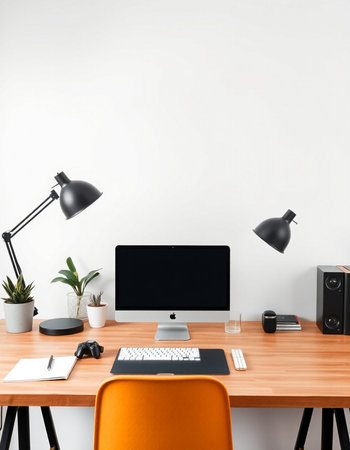 workplace with computer, lamp and other objects, 3d render