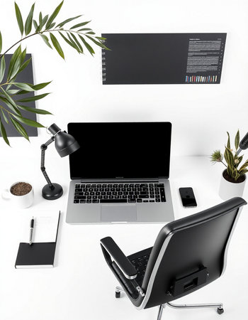 Modern workspace with laptop, smartphone, stationery and coffee cup on white background. Flat lay, top viewの写真素材