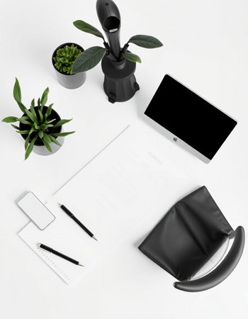 White office desk table with laptop, smartphone and plant. Flat lay, top viewの写真素材