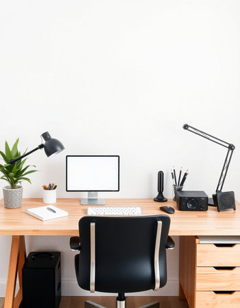 workplace with computer, lamp and other objects. 3d rendering