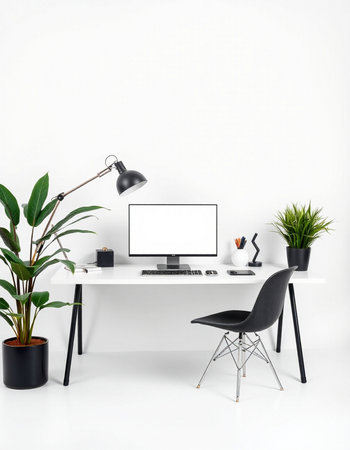 Workplace with computer, lamp and plant on white wall. 3d renderingの写真素材