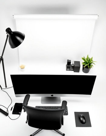 3d rendering of workspace with blank screen computer and equipment on white background