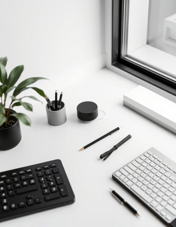 White office desk table with computer keyboard, smartphone, supplies and plant. Top view with copy spaceの写真素材