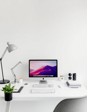 modern workspace with computer and accessories. 3d rendering, mock up
