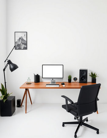 workplace with computer, lamp and plant on the white wall backgroundの写真素材