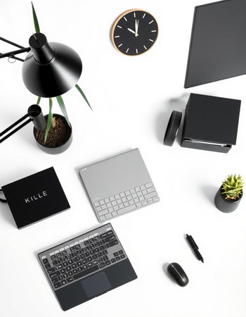 Flat lay, top view office desk table with laptop, coffee cup and stationery.の写真素材