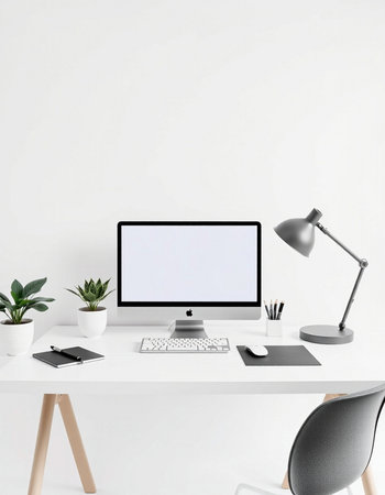 Modern workspace with blank screen computer, supplies and decorations. Mock up, 3D Renderingの写真素材
