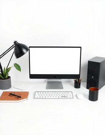 workplace with computer, isolated on white background, 3d render