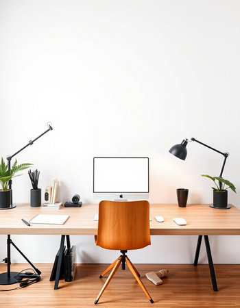 Modern workspace with computer, supplies and decorations. Mock up, 3D Renderingの写真素材