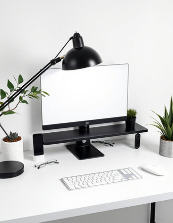 Modern workspace with computer, keyboard, mouse, lamp and plant.
