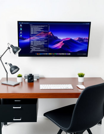Modern workspace with computer monitor and mouse on the table. 3d rendering