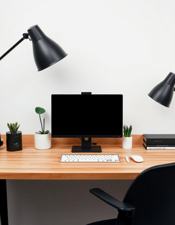 workplace with computer, lamp and plant on wooden table in officeの写真素材