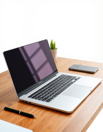 Laptop on wooden desk with smartphone and plant on white background.