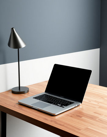 Laptop with blank screen on wooden table. 3d render.