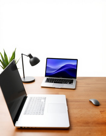 Laptop on the desk with lamp and plant isolated on white background