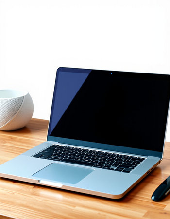 Laptop and coffee cup on wooden table with white wall background.