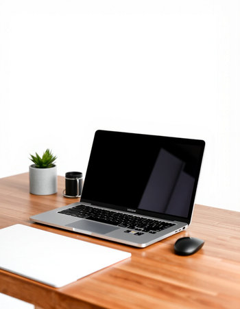 Laptop with blank screen on wooden desk with stationery on white background