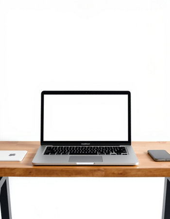 Laptop with blank screen on wooden table isolated on white background.