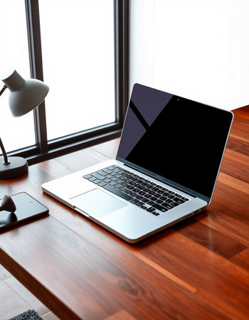 Laptop with blank screen on wooden table in home interior. 3d render