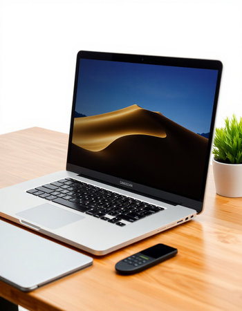 Laptop on wooden table and white background with 3D dunes