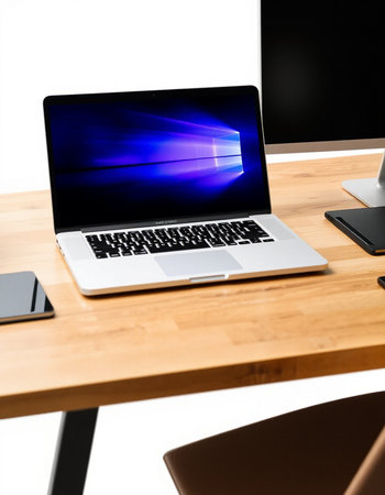 Close up of modern workplace with laptop, tablet and coffee cup on wooden table