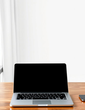 Laptop with blank screen on wood table and white wall background.