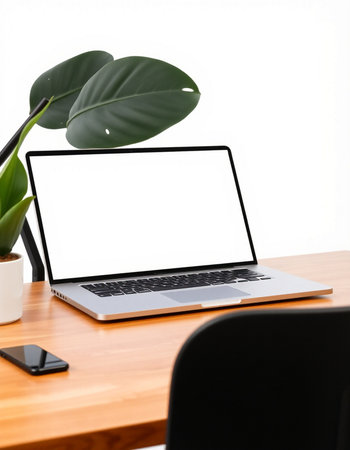 Laptop computer with blank screen on wooden desk. Isolated on white background