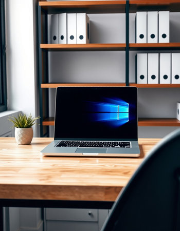 laptop with blue screen on table in modern office, closeup