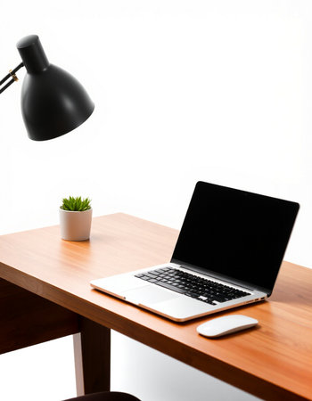 Laptop on the desk with lamp and flower on the white background